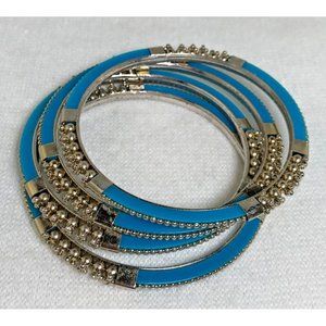 Four Teal Fashion Bangle Bracelets with Gold Tone Accents